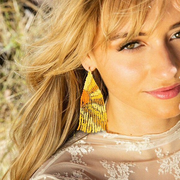 Here Comes The Sun Seed Beaded Boho Hippie Western Gypsy Long Earrings - Picture 4 of 5